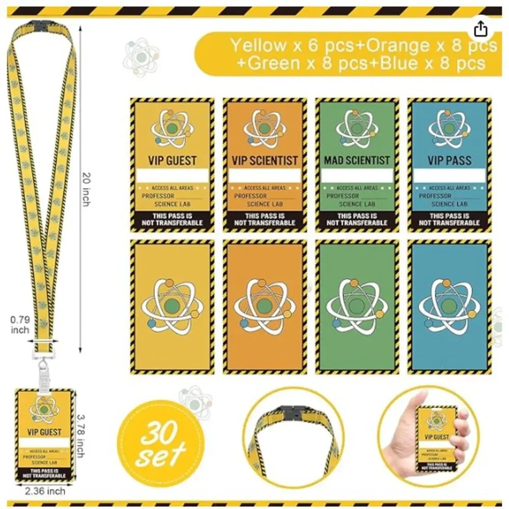 30 Sets Science Party VIP Pass Cards with Science Lanyards- 4 colors